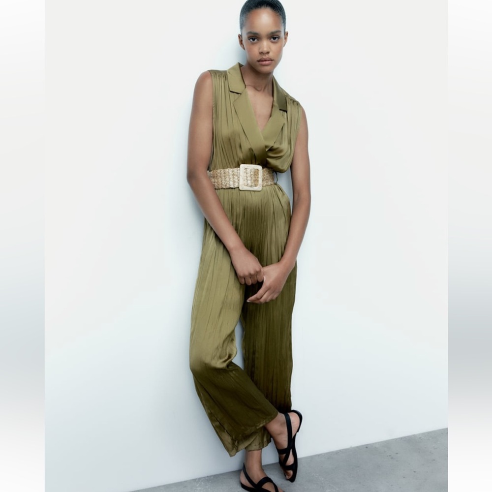 NWT Zara Satin Effect Jumpsuit With Belt in Olive Green